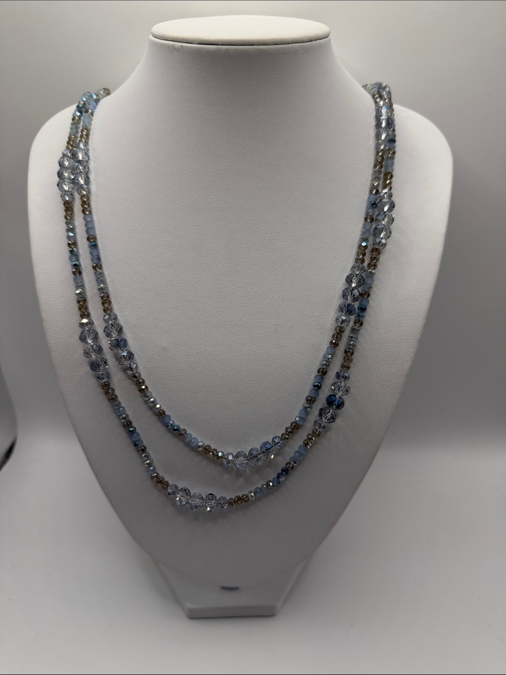 039. Elegant Light Blue Crystal Layered Necklace 32” Doubled
